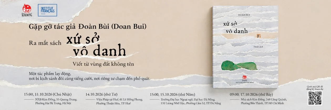 Bannière de la tournée de Doan Bui au Vietnam, avec la couverture de « Xứ sở vô danh », traduction vietnamienne du « Pays de nulle part » aux éditions Kim Đồng, et les quatre dates de rencontre