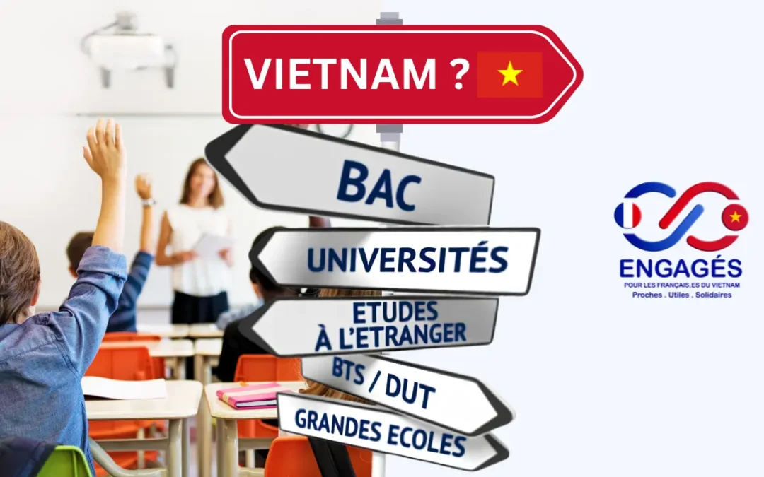 Panneaux d’orientation après le bac (universités, études à l’étranger, BTS, grandes écoles) surmontés d’un panneau « Vietnam ? »