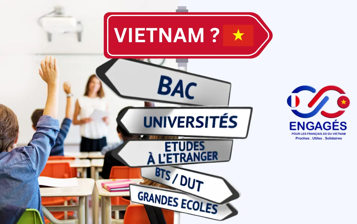 Panneaux d’orientation après le bac (universités, études à l’étranger, BTS, grandes écoles) surmontés d’un panneau « Vietnam ? »