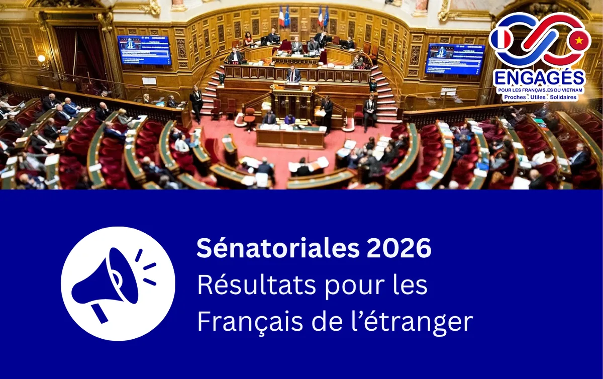 Hémicycle du Sénat en séance, avec le titre « Sénatoriales 2026 : résultats pour les Français de l’étranger » et le logo Engagés au Vietnam